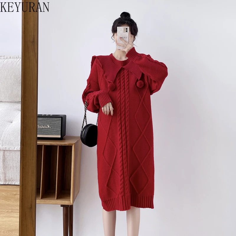 

Autumn Winter Maternity Dresses Plus Size Loose Solid Peter Pan Collar Hair Ball Long-sleeved Mid-length Sweater Pregnancy Dress