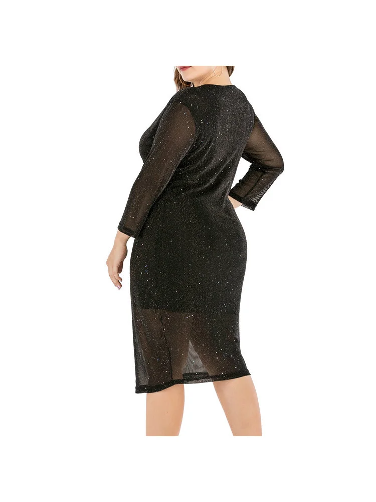 Large Size Women's Dress V-Neck Black Loose Diamond 9/4 Sleeve Fit Slim Split Wrap Hip Skirt plus size dresses