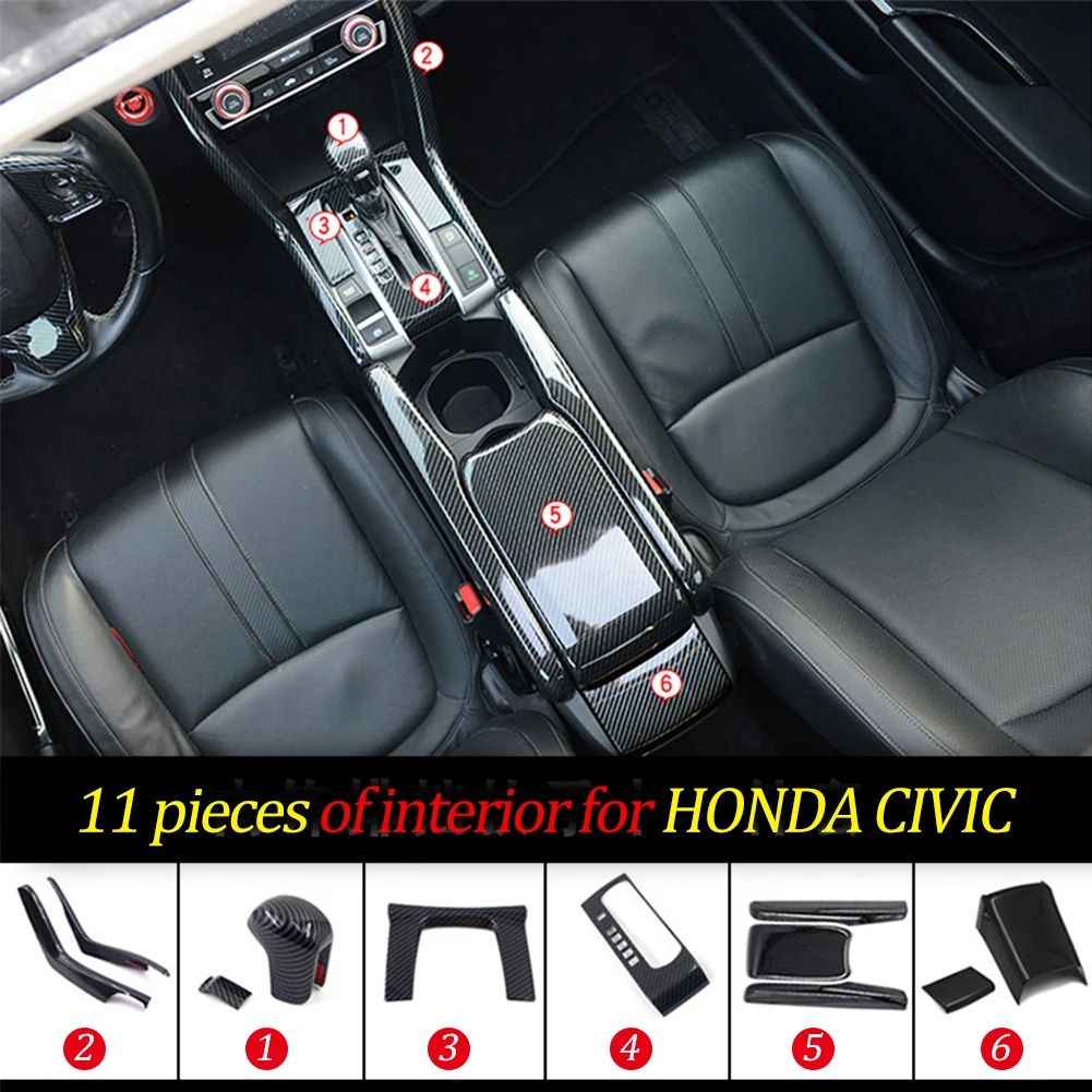 

11Pcs Carbon Fiber Car Gear Panel Trim Shift Panel Central Armest Box Decor Cover for Honda Civic 10th 2016-2020 Car Accessories