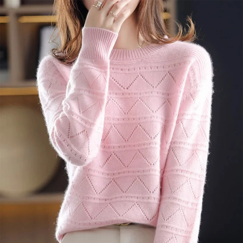 Женский трикотажный пуловер с длинным рукавом и круглым вырезом