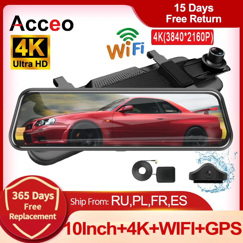 

4K WIFI Dash camera Car DVR 10 Inch Touch Screen Mirror DVR Video Recorder Ultra HD 2160P Support 1080P RearView Camera BlackBox