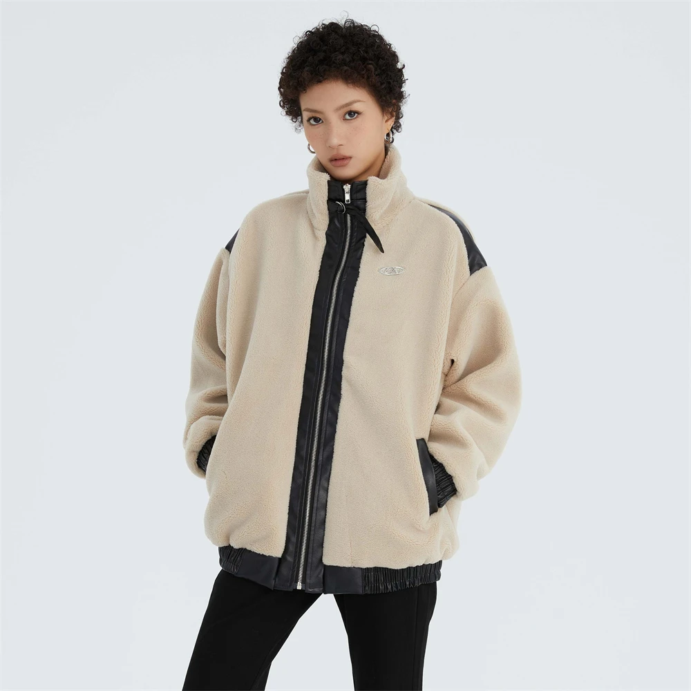New Women Winter Fleece Coats Leather Zipper Splicing Thick Warm Clothes High Street Trend Fashion Cotton Jackets Outwear