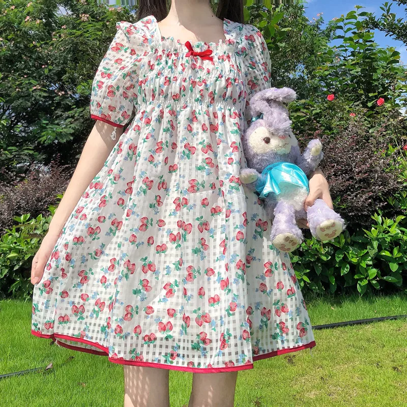 

Милое элегантное свободное платье Kawaii с цветочным принтом японская мода 2021 летние женские свободные платья а-силуэта квадратный воротник п...