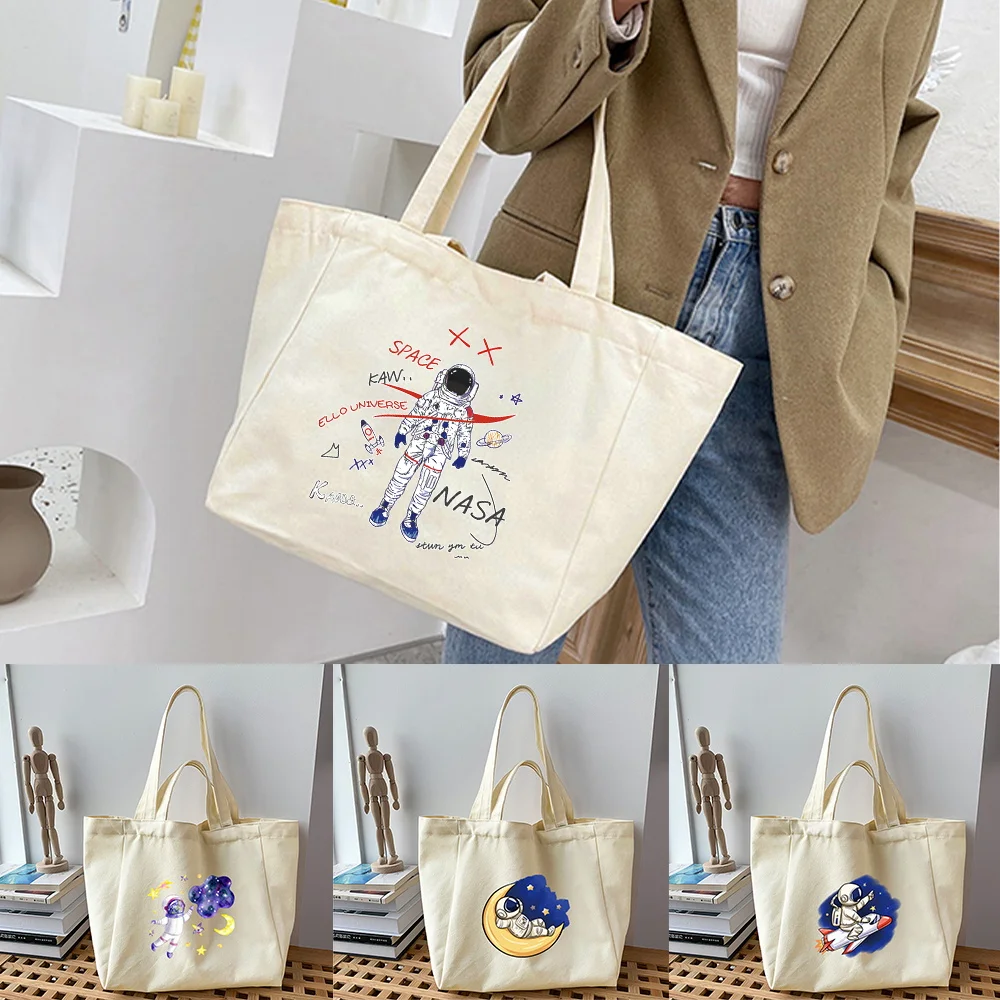 

Astronaut Series Print Shopping Bag Reusable Canvas Shoulder Bag High Quality Large Size Tote Bag Eco Bag Women Portable HandBag