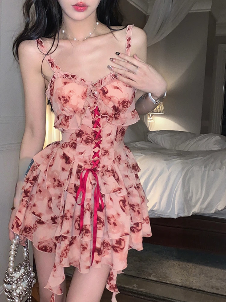 

Шифоновое платье с цветочным принтом, женское винтажное милое мини-платье с оборками, женское модное дизайнерское Привлекательное платье в Корейском стиле на бретелях, 2023