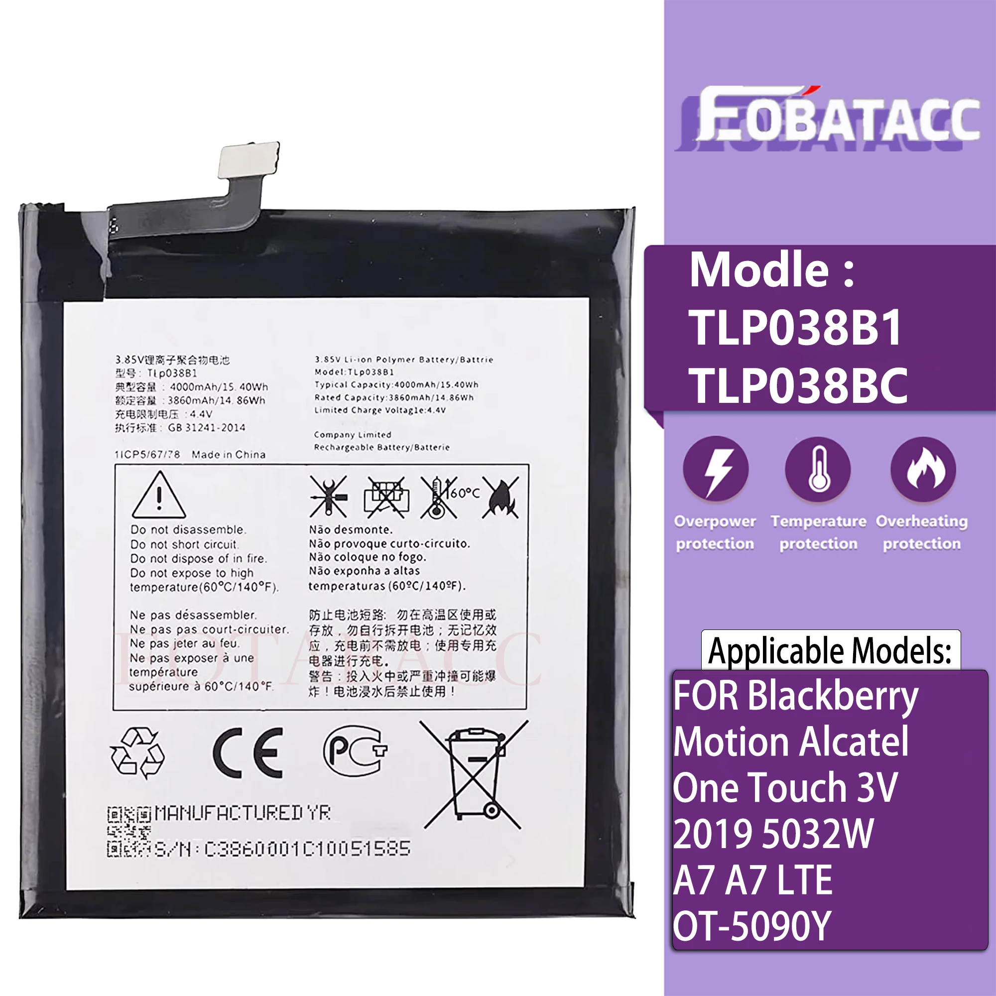 TLp038B1 TLp038BC Battery FOR Blackberry Motion Alcatel One Touch 3V 2019 5032W A7 LTE OT-5090Y Capacity Batteries