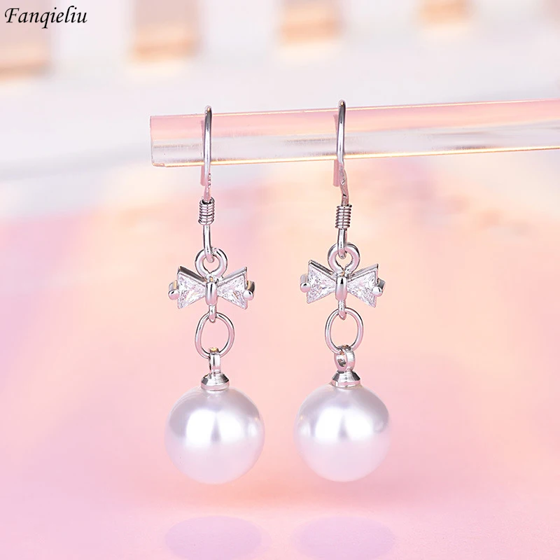

Fanqieliu 925 Silver Needle New Crystal Pearl Jewelry Bow Drop Earrings For Women FQL23591