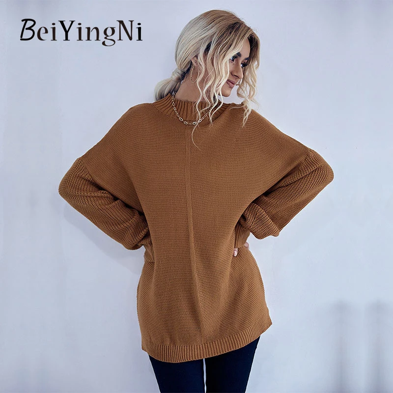 

Beiyingni Vintage Women's Sweater Solid Half Turtleneck Long Sleeve Loose Midi Female Pullover Casual Patchwork Knitting Jumper