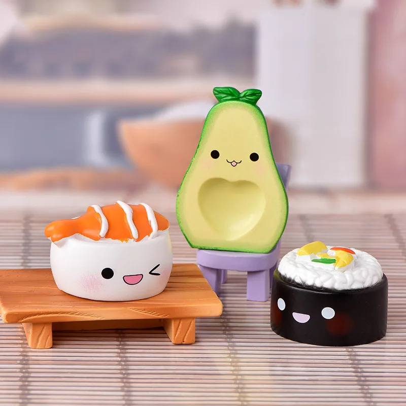 

Cute Simulation Avocado Peach Sushi Egg Figurine Resin Cartoon Model Home Decor DIY Miniature Fairy Garden Cake Accessories