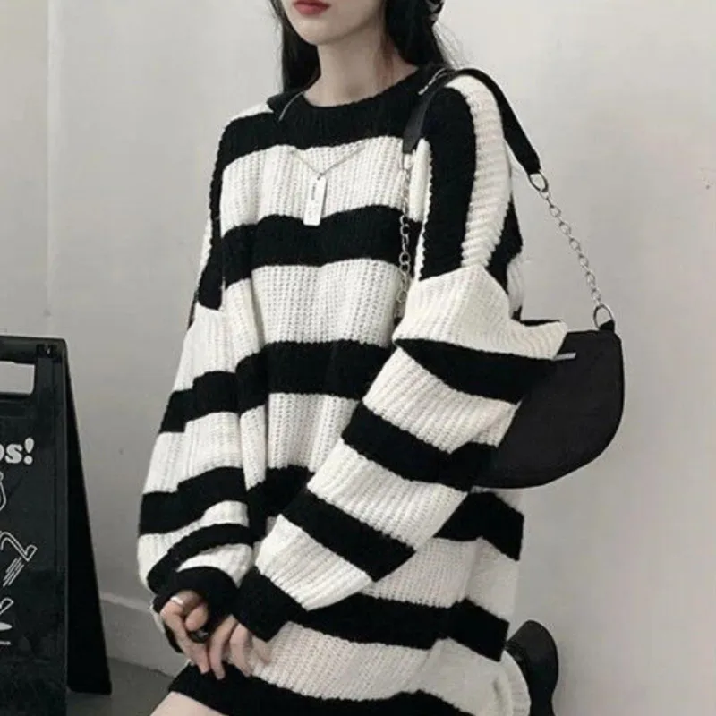 

Sweaters Women Harajuku Knitted Stripes Soft O-Neck Vintage Elegant Loose Long Sleeve Pullover Chic Tops Streetwear New 2022