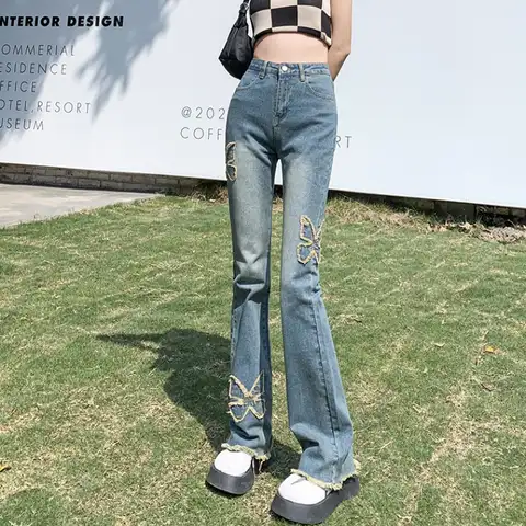 Women Blue Jeans Embroidery Flared Trousers Contrasting Colors High Waist American Street Fashion Baggy Vintage Autumn Trousers