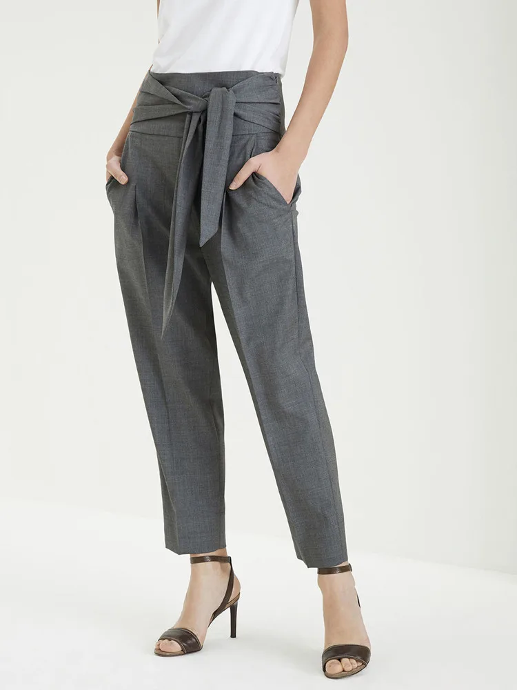 Woolen Gray Pants Women Temperament Lace-up Pockets Simple Loose Casual Female Ankle-length Trousers