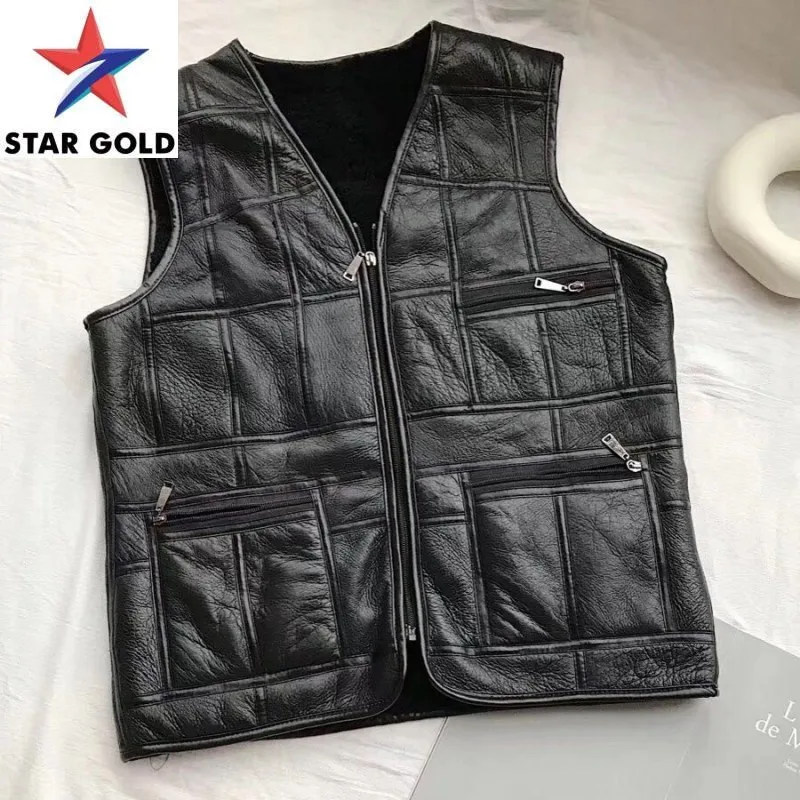 

Men Autumn Winter Casual Genuine Leather Vest V-Neck Zipper Solid Color Waistcoat Street Multi-Pockets Sleeveless Jackets L-6XL
