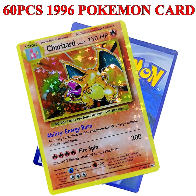 

60pcs English Pokemon Cards 1996 Years DIY Flash Trainer Mega GX VMAX Box Charizard Pikachu Mewtwo Playing Shining Card Kids Toy