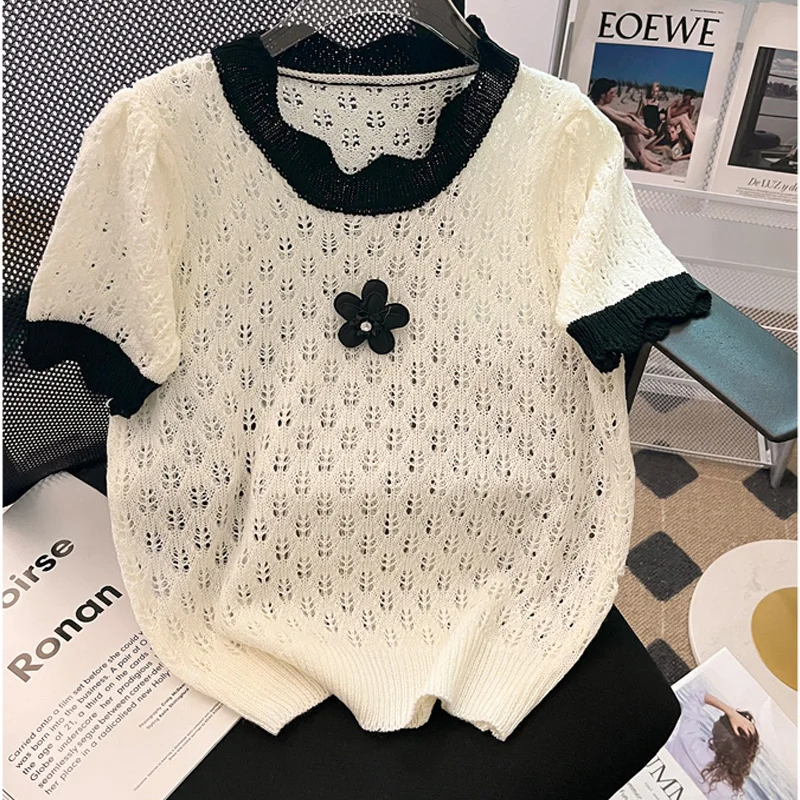 

3D flowers O Neck Pullover Women Hollow Short Sleeve T Shirt New Thin Summer Tops Knitted Tshirts Korean Fashion Womens Clothing