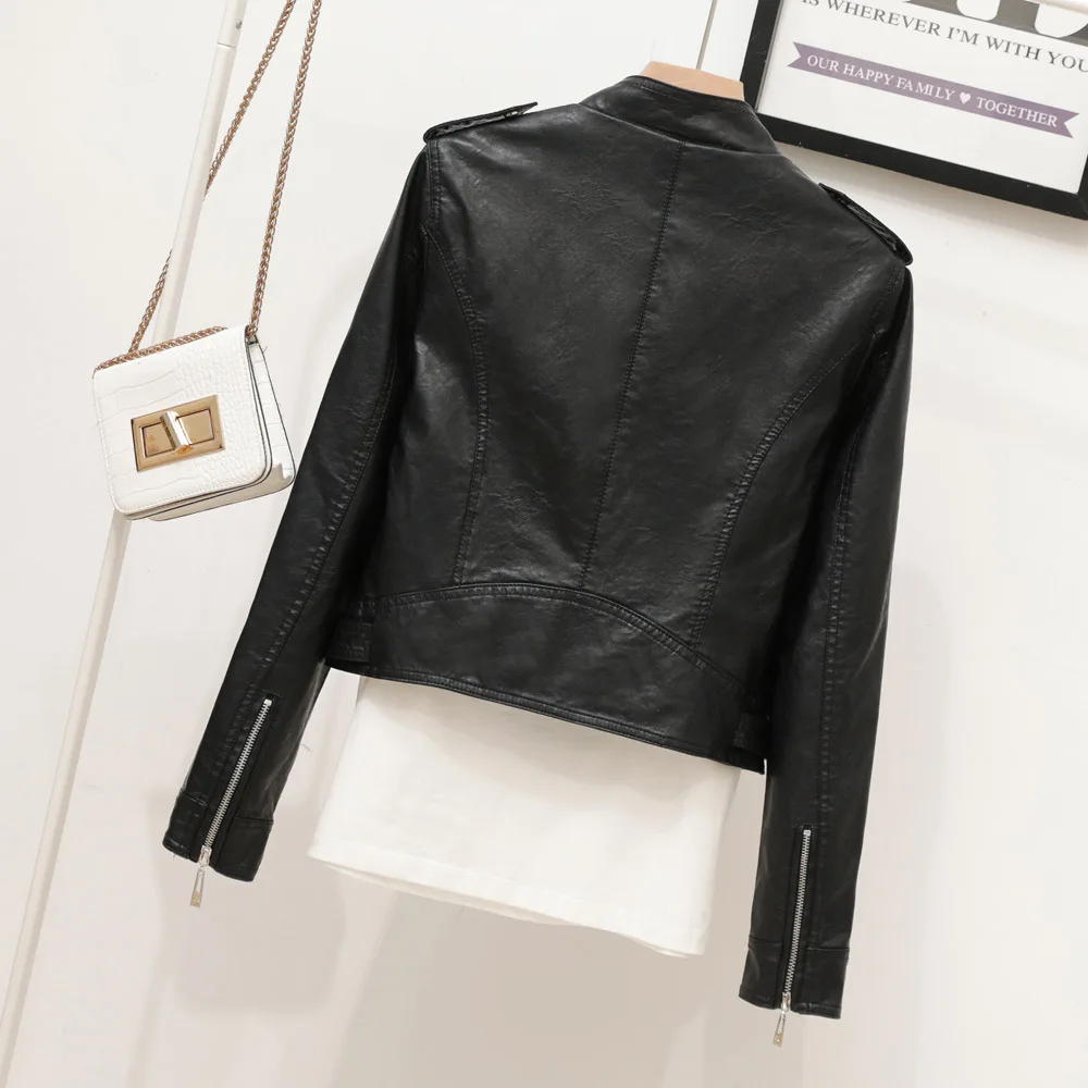 2023 new stand-up collar handsome motorcycle leather jacket epaulette coat short slim-fit Korean version of small leathe