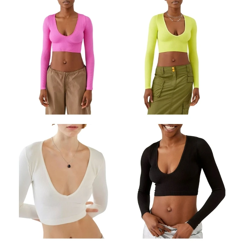 

Женский укороченный топ с глубоким V-образным вырезом и длинным рукавом