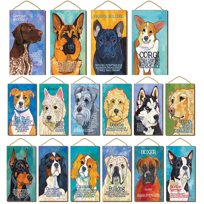 

Lovely Famous Dog Wooden Painting Pastoral Style Decorative Painting Wood Plate Sign Indoor Home Decoration Hanging Craft Plaque
