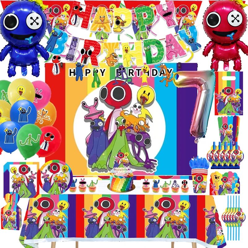 

Rainbow Friends Birthday Party Decoration Terror Game Rainbow Friends Tableware Balloons Backdrop Napkins Party Supplies