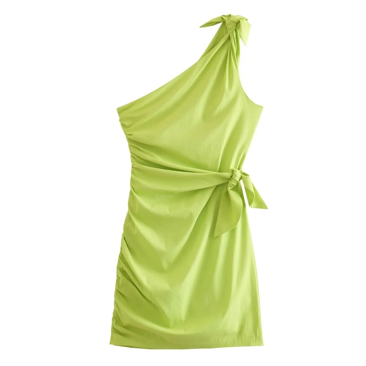 

Green Asymmetrical Short Dress Women Chic Lady Elegant Knotted Mini Dresses Female Clothing 2023 Summer New