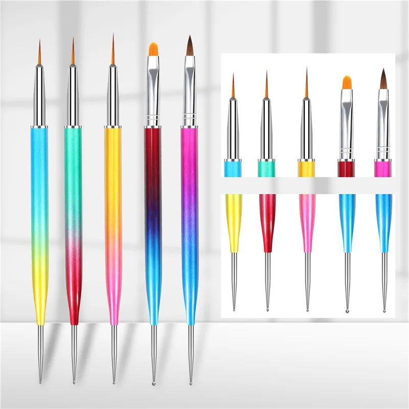 

5Pcs/Set Nail Art Brushes Double-ended Point Drill Pen Gradient Handle For Nails Painting Drawing Design Manicure Tools Supplies