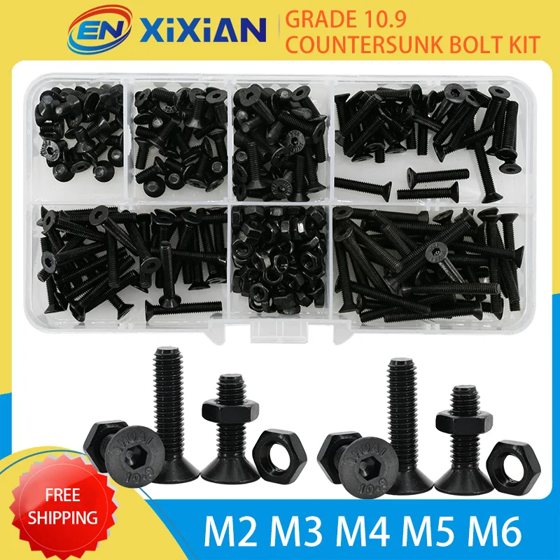 

Grade 10.9 Black Steel Countersunk Flat Head Hex Bolt Nut Set Kit Electric Machine Screws Hexagon Allen Bolts M2 M3 M4 M5 M6