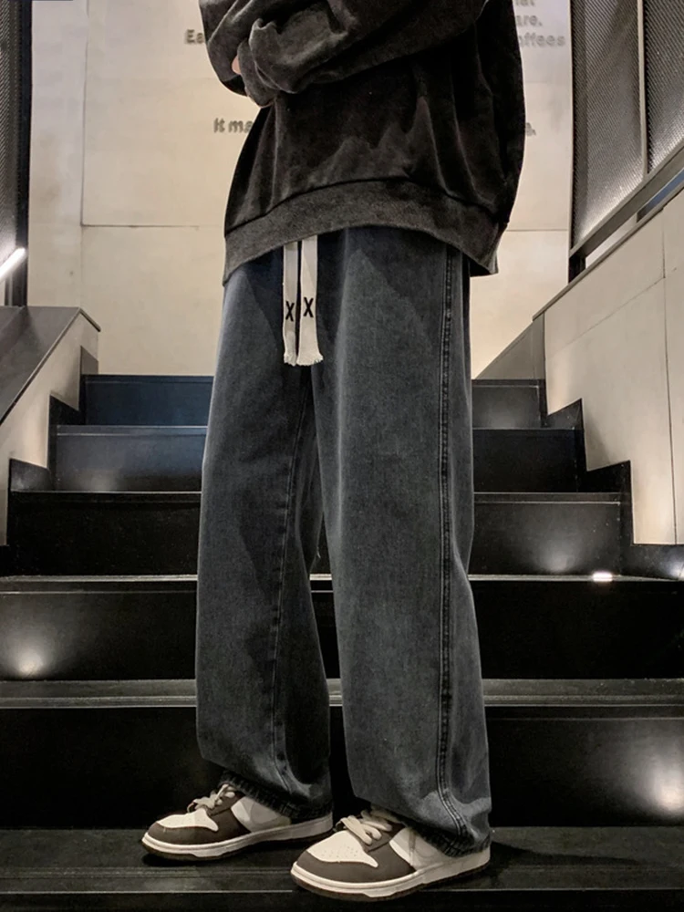 Fashion Men's Elastic Waist Wide Leg Jeans Classic Unisex Men's Tide Brand Fu Loong Dirty Mopping Trousers Hip Hop Men Clothing