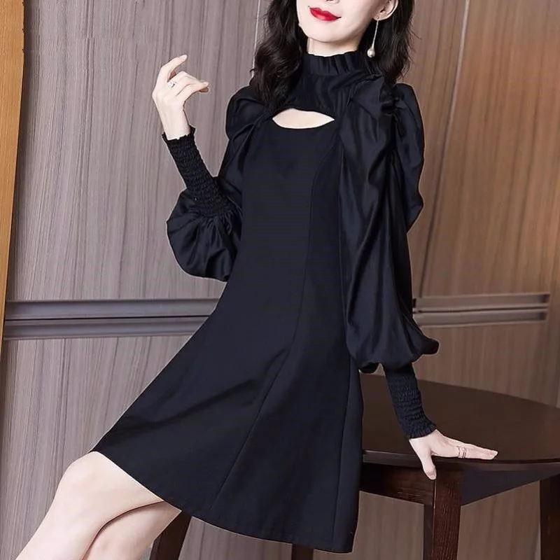 

Dress female 2022 Wind Little Black Skirt Design Sensory Niche Bubble Sleeve Time Waist solid casual Bottom Dress female tops
