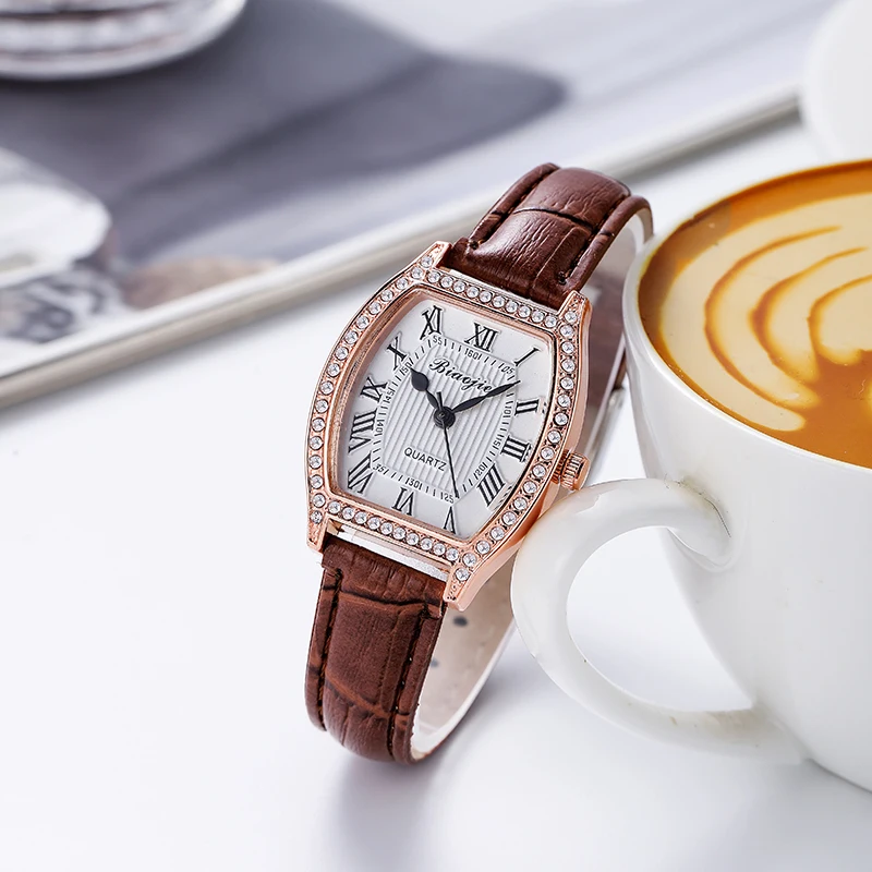 

006Foreign trade fashion wine barrel Roman scale inlaid diamond girls ladies watch quartz belt watches wholesale