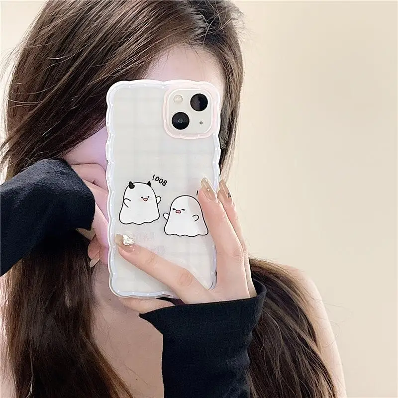 

Lovely Wave Border Two Little Ghost Soft Silicone Phone Case For IPhone8 7 11 12 13 Pro Max X XS Max XR Plus SE2 SE3 7Plus MINI