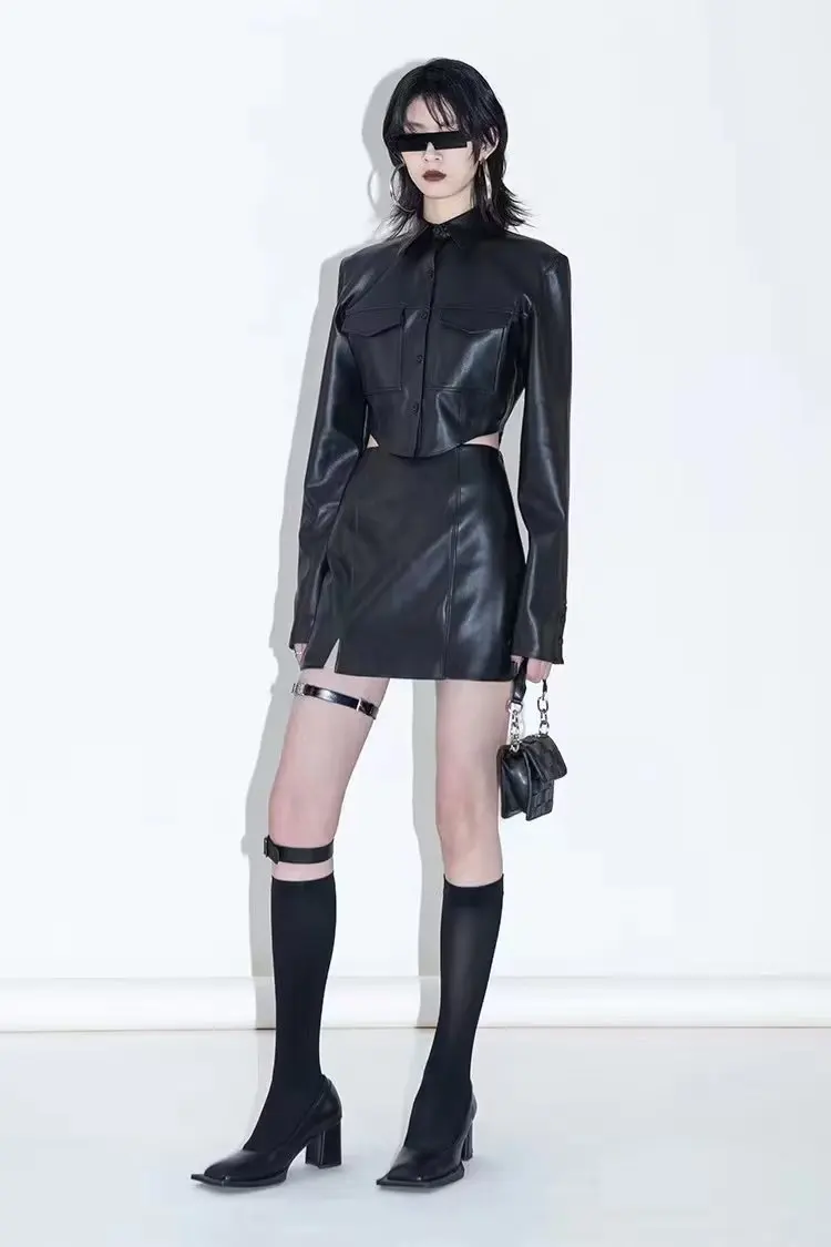 MOLAN Black Woman Leather Short Jacket Za Fashion PU Coat Singal Breasted Chic Pockets High Street Outwear Top Female PU Coat