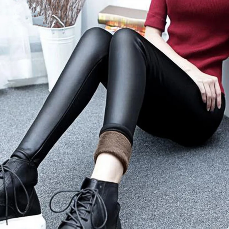 

Warm Jeggings Winter Thermal Tights Black Trousers Waist High Leggings Leather Fleece Lined Pants Pu Women Pantalones Stretchy