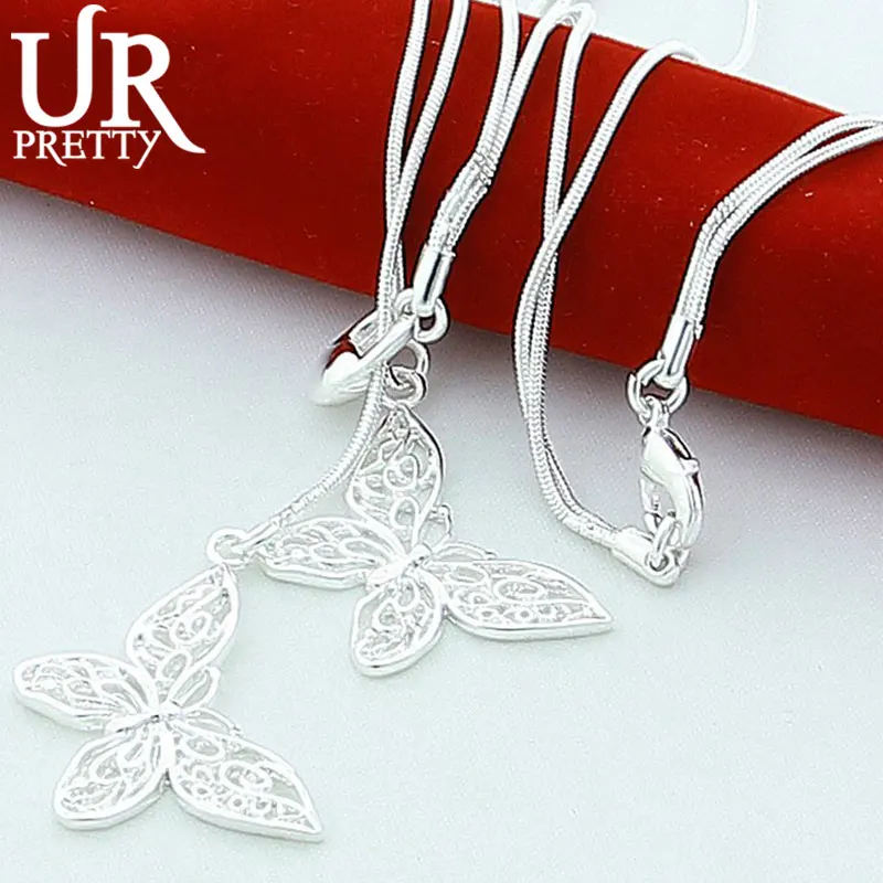 

UPRETTY New 925 Sterling Silver Two Butterfly Necklace 18 Inch Chain For Woman Party Wedding Engagement Charm Jewelry Gift