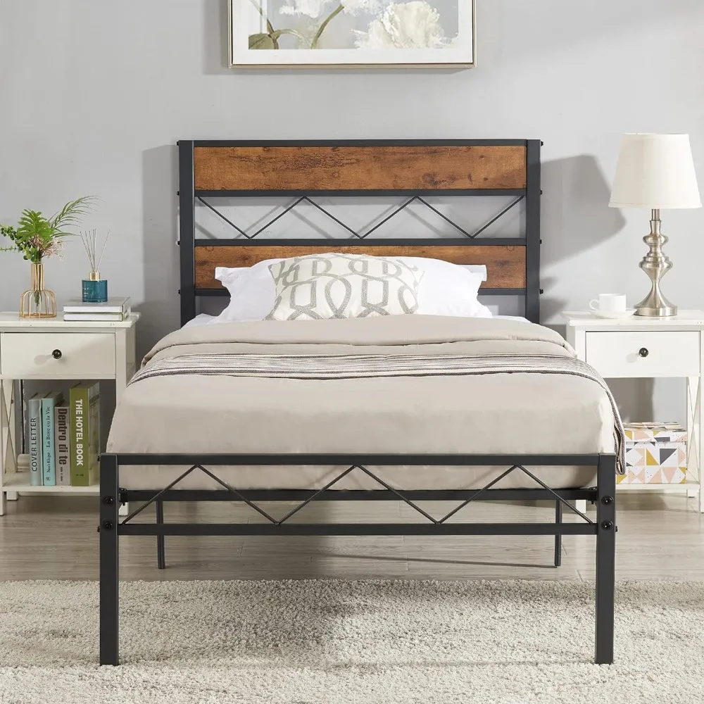 

VECELO Twin Size Bed Frame with Rustic Vintage Wood Headboard, Metal Slats Support, Industrial Platform Mattress Foundation No