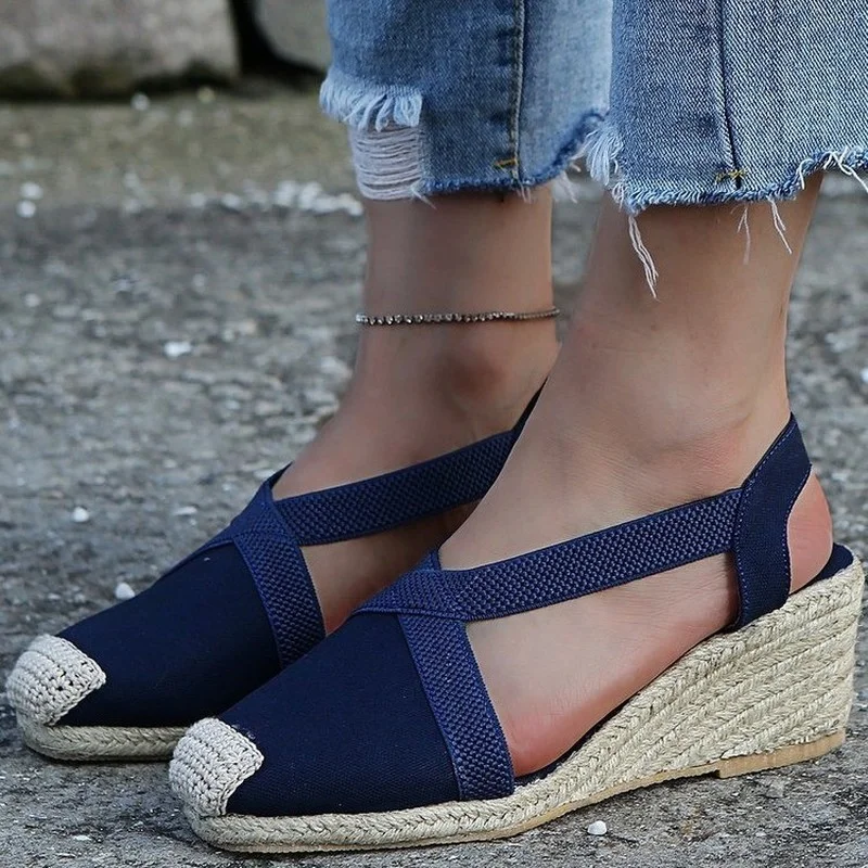 

Newest Women Straw Hemp Rope Sandals Retro Linen Canvas Wedge Round Toe Casual Sandals Singles Shoes Elegant Closed Toe Sandal