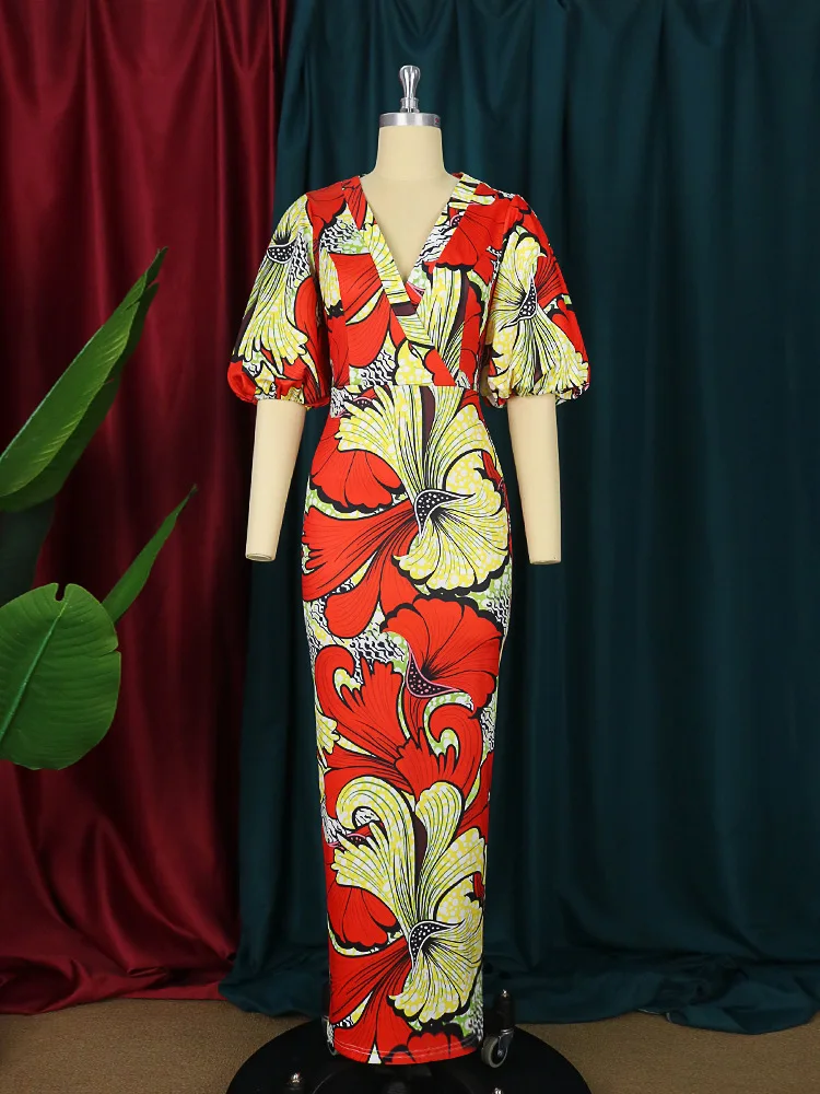 

Vintage V-neck Lantern Sleeve Maxi Vestido Summer Elegant Boodycon Printed Long Skirt Holiday Dresses African Women 2022