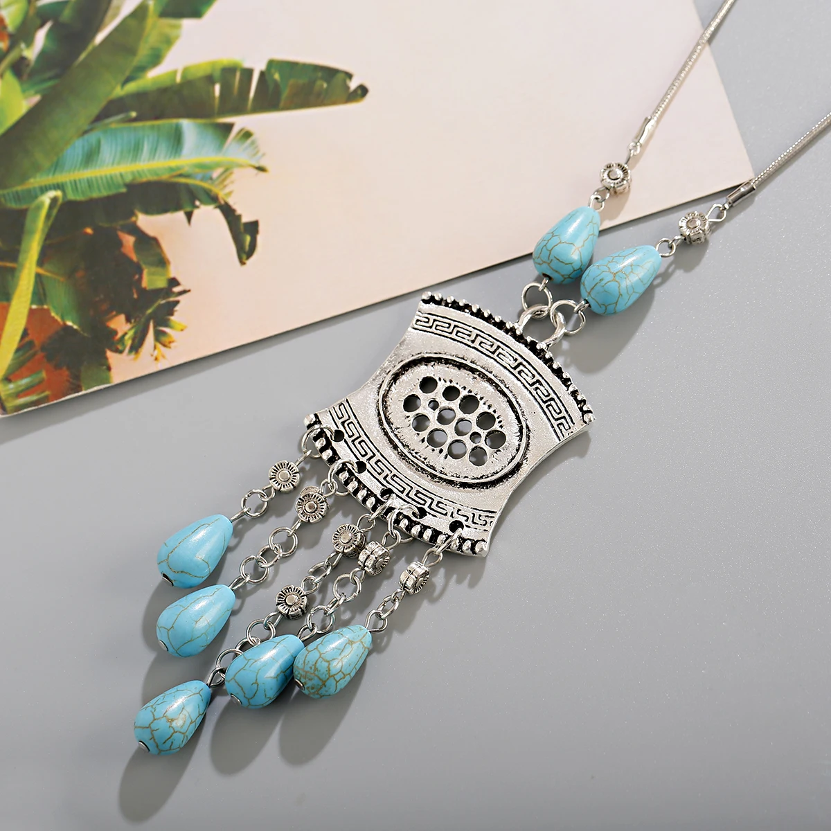 

Vintage Ethnic Blue Turquoises Stone Tassel Necklace for Women Gypsy Sliver Color Long Chain Necklace For Girls Indian Jewelry