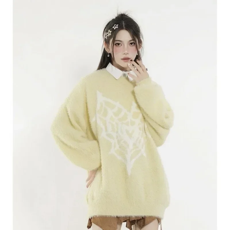 Винтажные вязаные свитера Y2k с принтом паутины и круглым вырезом длинными