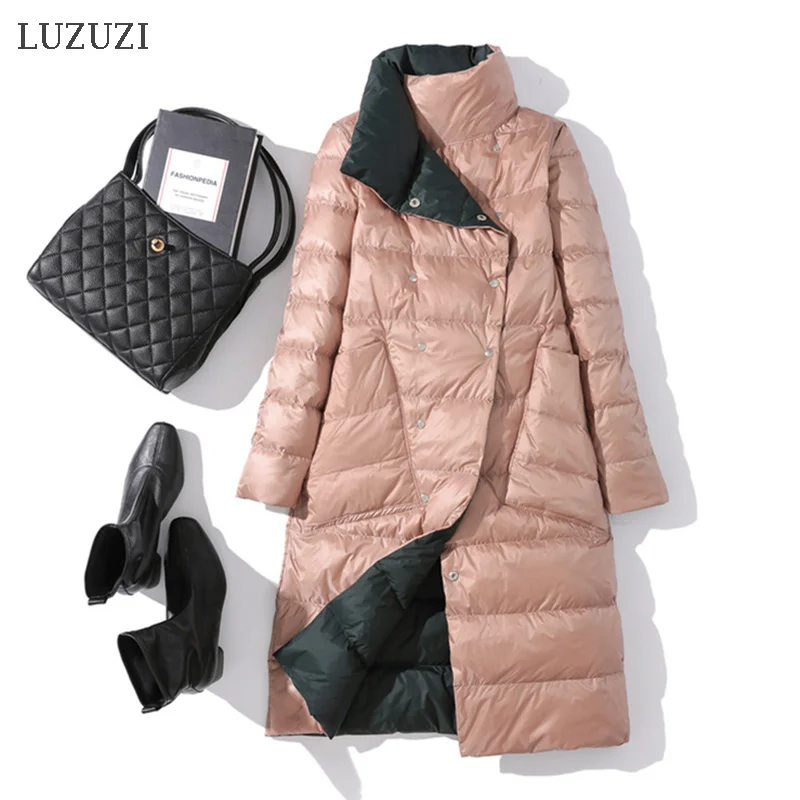

LUZUZI New Women Long Double Sided Down Jacket Winter Turtleneck 90% White Duck Down Coat Warm Parkas -10 Degrees Snow Outwear