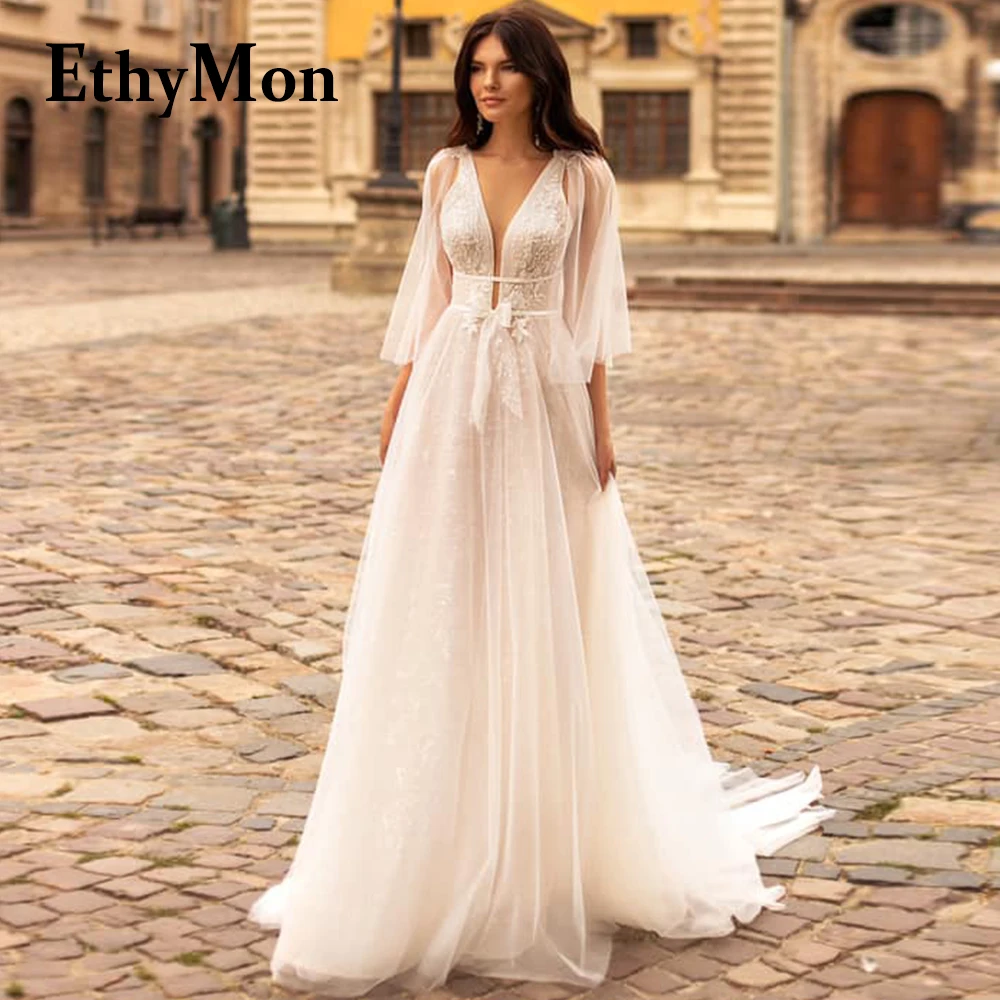 

Ethymon V-Neck Simple Sparkling Wedding Dresses Tulle Sleeveless 2023 Bride Appliques Robe De Mariée Custom Made Floral Print