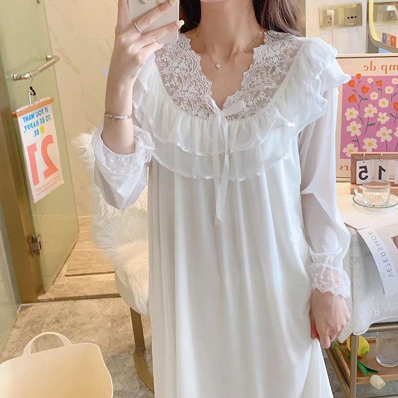 

Женская сетчатая Ночная сорочка с длинным рукавом, кружевной Пеньюар в викторианском стиле