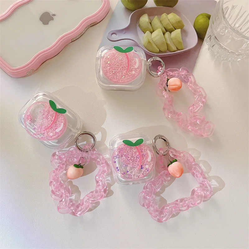 

Creative Quicksand Peach Chain Case for Apple AirPods 1 2 3 Pro Cases Cover IPhone Bluetooth Earbuds Earphone Air Pod Pods Case