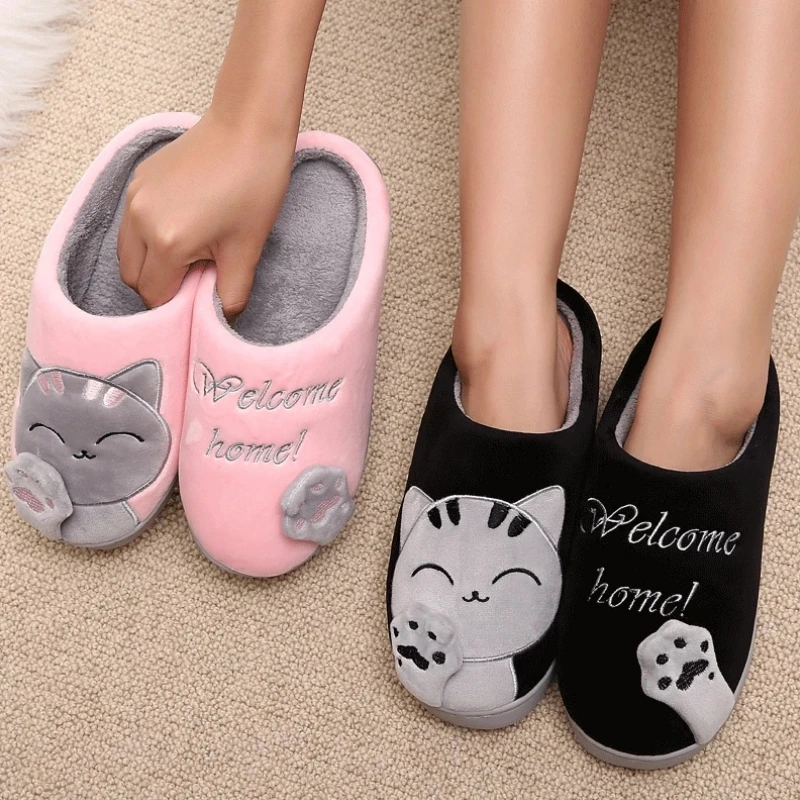 

Winter women's home slippers cute cartoon cat anti-skid warm indoor floor shoes plush men's general platform cotton shoes