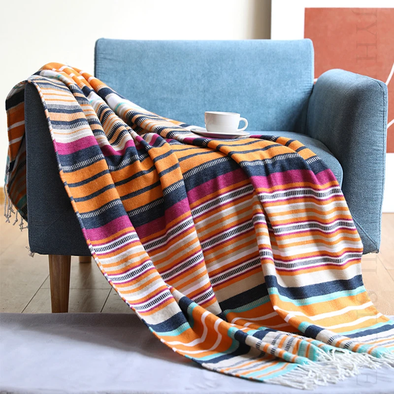 

Mexican Style Rainbow Striped Blanket Pure Cotton Sofa Cobertor Hanging Tapestry for Sofa Bed Plane Travel with Tassel Blanket