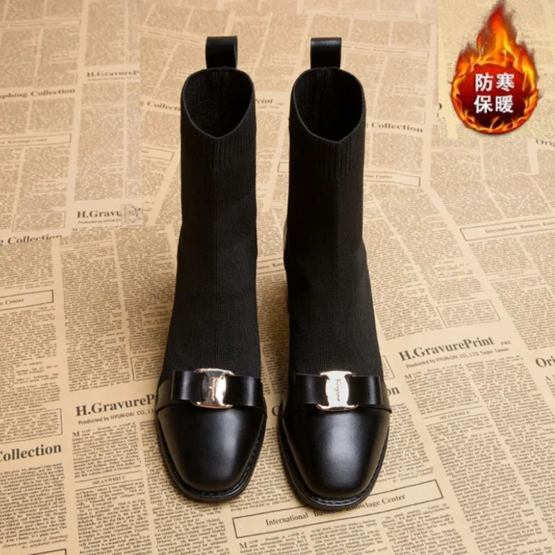 Женские вязаные ботильоны с металлическим украшением облегающие короткие