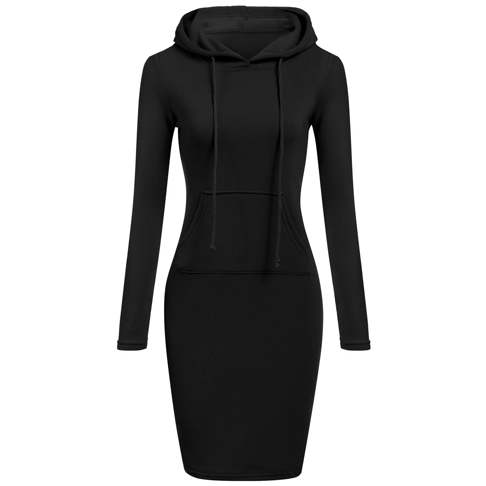

Casual Womens Autumn Spring Drawstring Hooded Dress Solid Color Mini Daily Dress Long Sleeve Pocket Skinny Hoodie Dresses