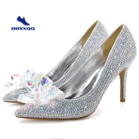 new cinderella crystal shoes heels women pointed sexy bride shoes womens high heels ladies silver rhinestone wedding shoes