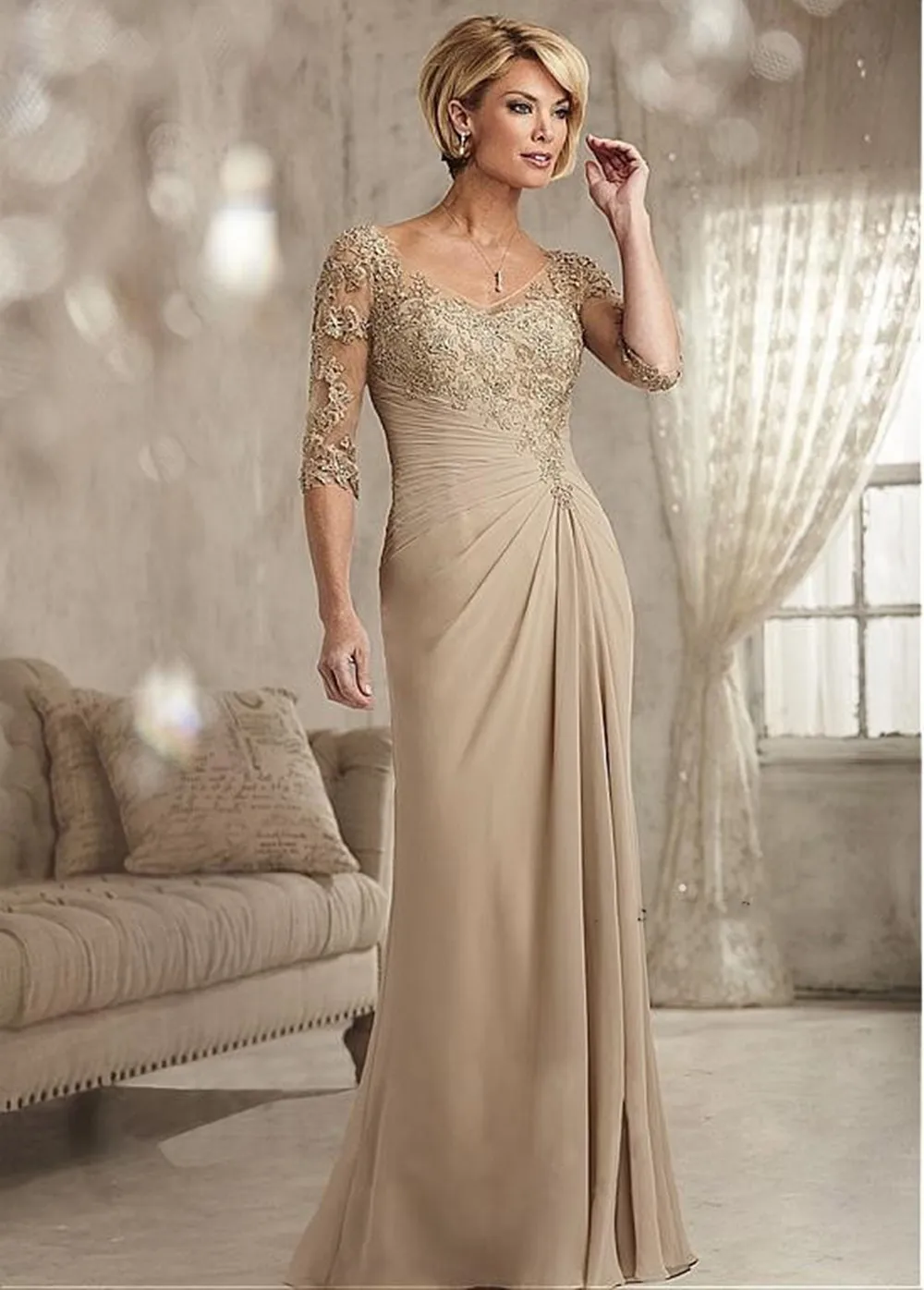 

The Bride Beaded Lace Champagne Prom Dress Chiffon Half Sleeves Groom Mother Evening Dress vestidos de noche فساتين السهرة