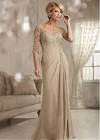 The Bride Beaded Lace Champagne Prom Dress Chiffon Half Sleeves Groom Mother Evening Dress vestidos de noche  فساتين السهرة