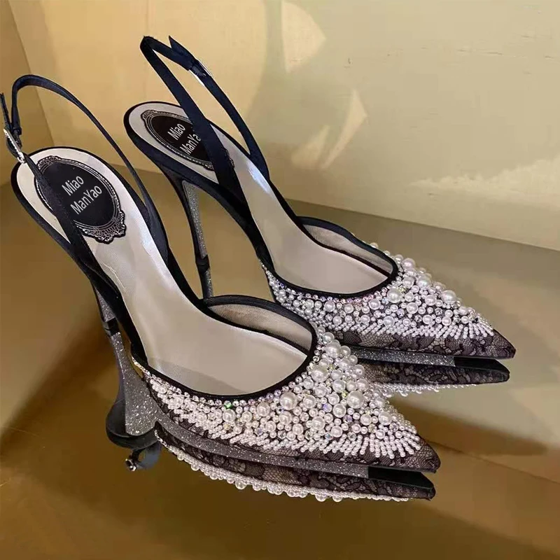 

Summer pointed pearl rhinestone stiletto high-heeled bridal wedding shoes Baotou sexy mesh yarn empty party dress women's sandal